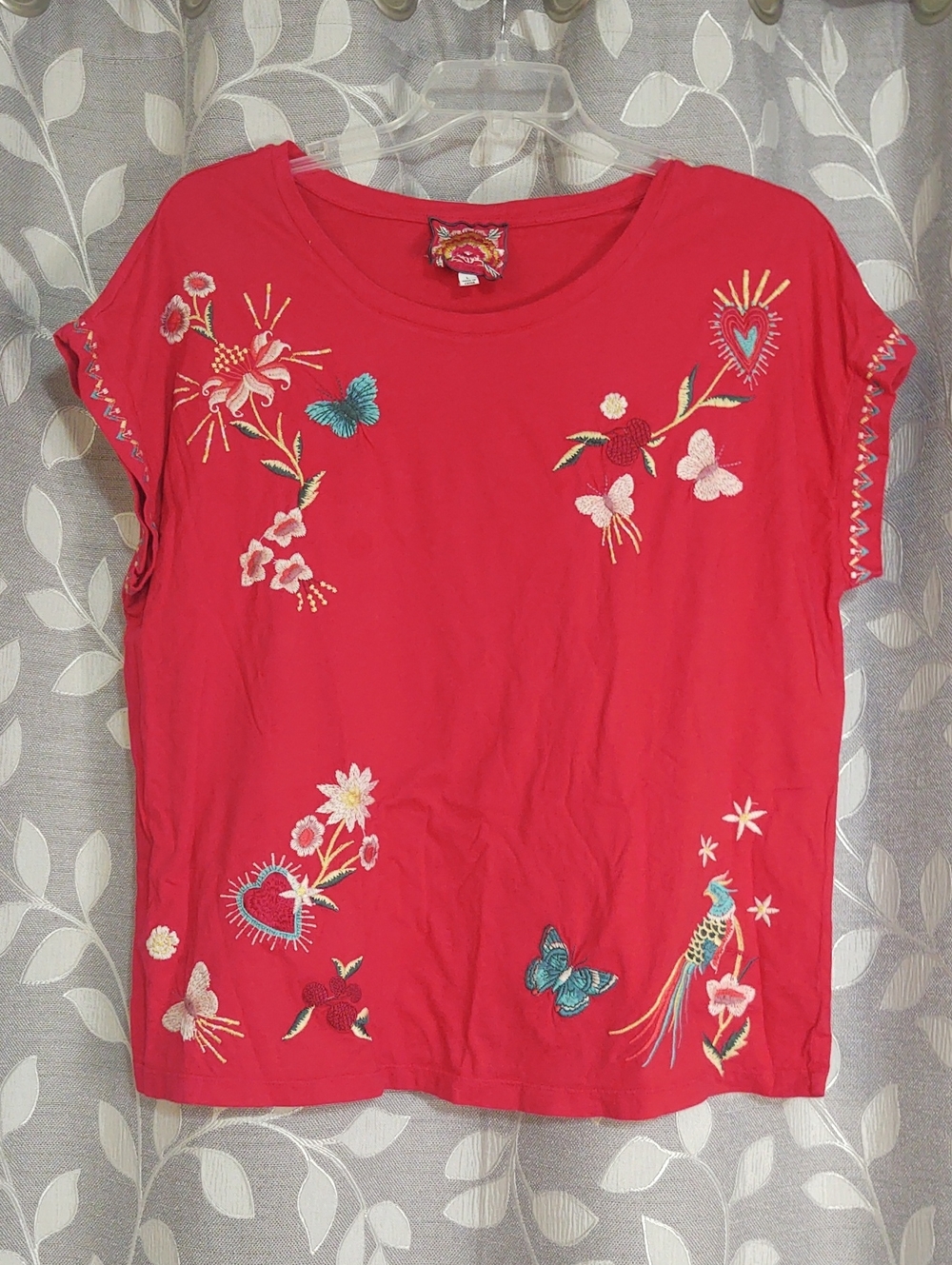 Johnny Was Red Short Sleeve Embroidered Cotton Tee Shirt Top size L